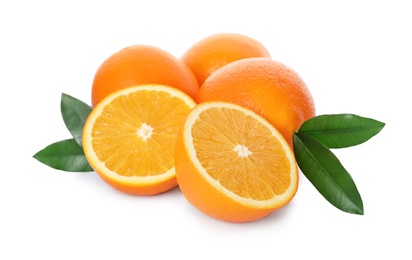 Photo of Fresh oranges with leaves isolated on white