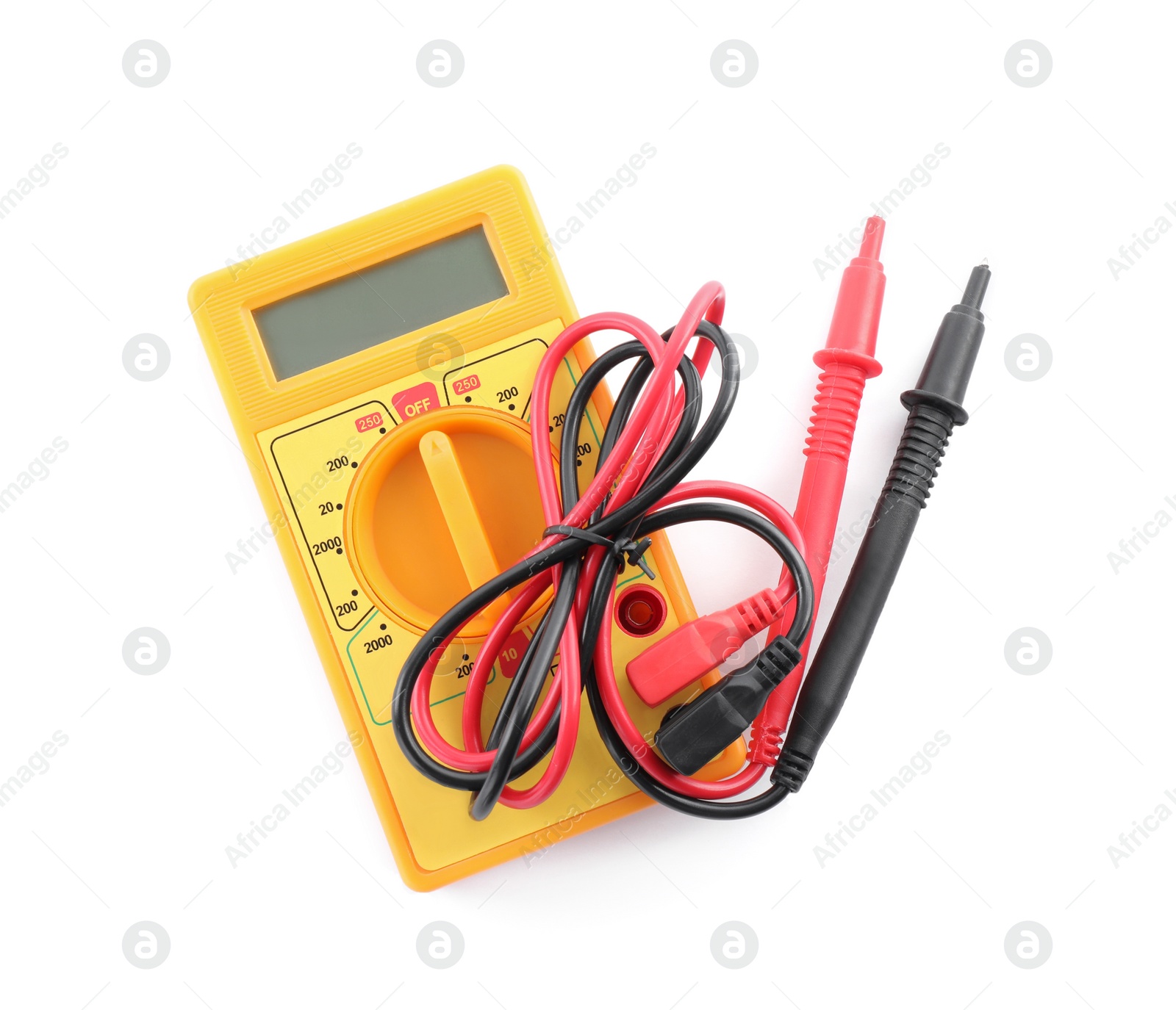 Photo of Digital multimeter on white background, top view. Electrician's tool