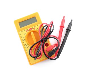 Digital multimeter on white background, top view. Electrician's tool
