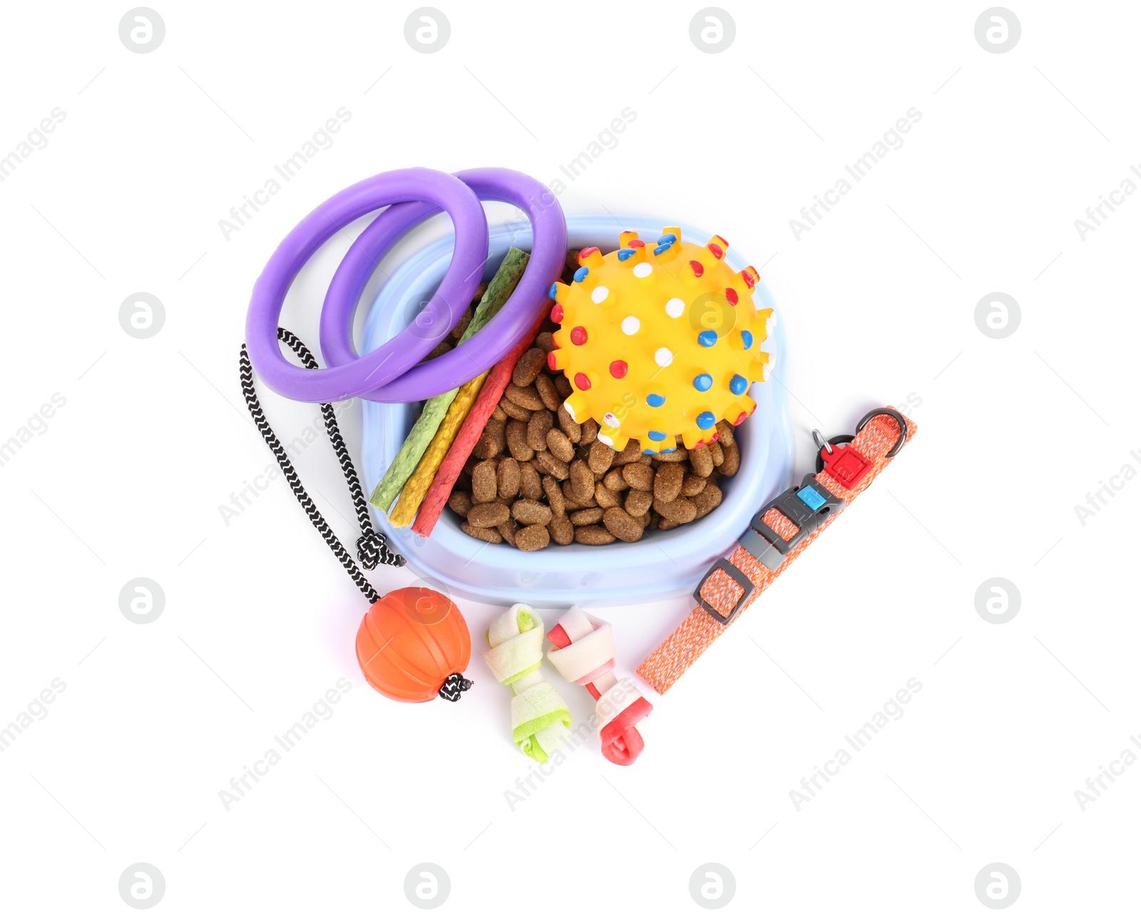 Photo of Different pet goods on white background, top view. Shop assortment