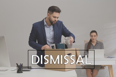 Image of Dismissed man packing personal stuff into box in office