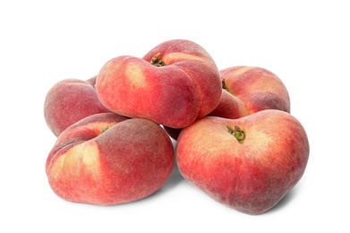 Photo of Fresh ripe donut peaches on white background