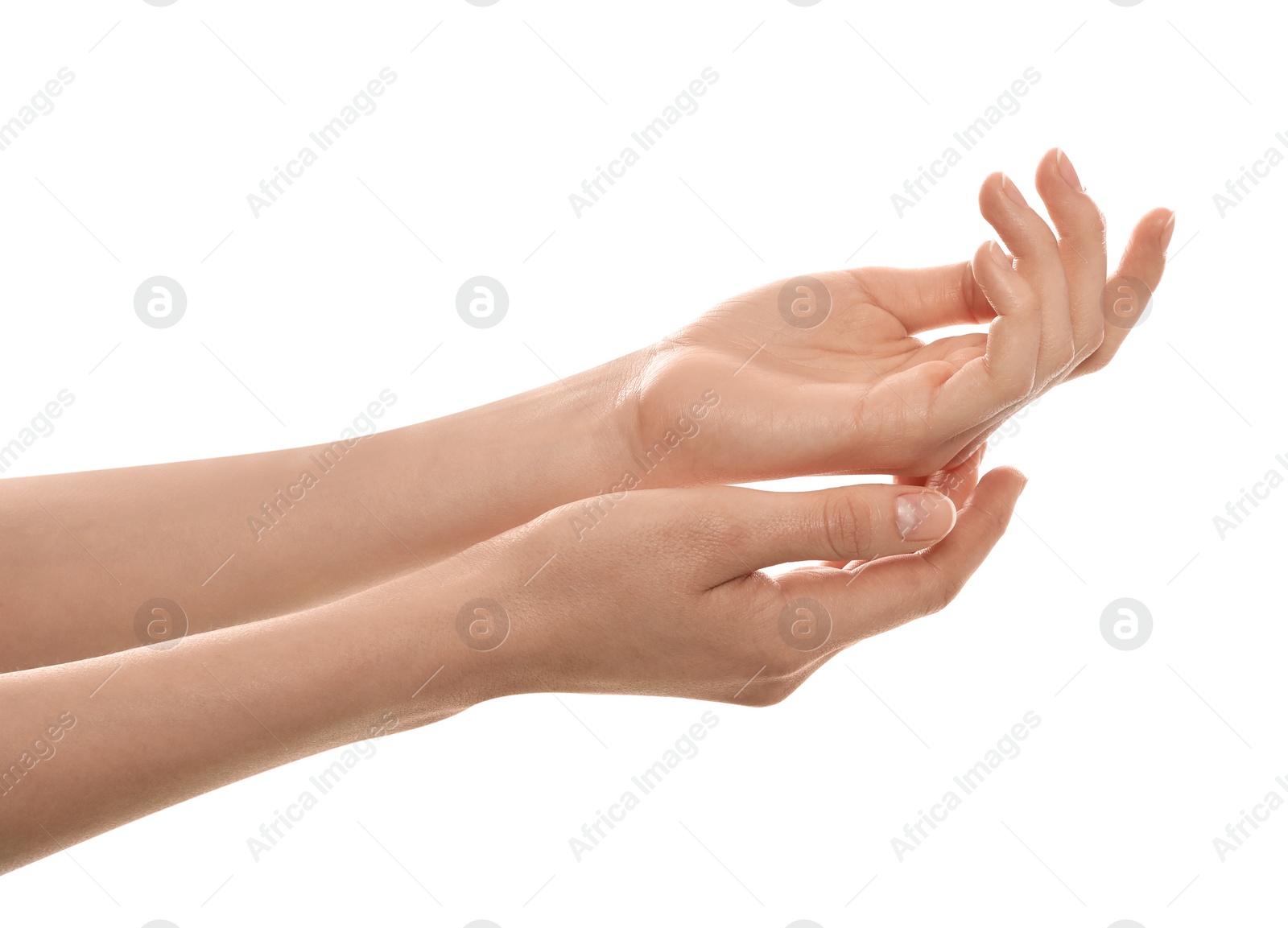 Photo of Woman with beautiful hands on white background, closeup