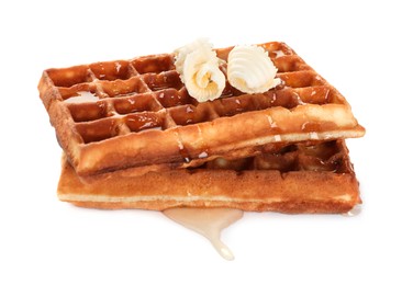 Photo of Delicious Belgian waffles with honey and butter on white background