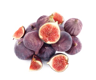 Photo of Tasty fresh fig fruits on white background, top view