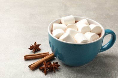 Photo of Tasty hot chocolate with marshmallows and spices on light grey table, closeup