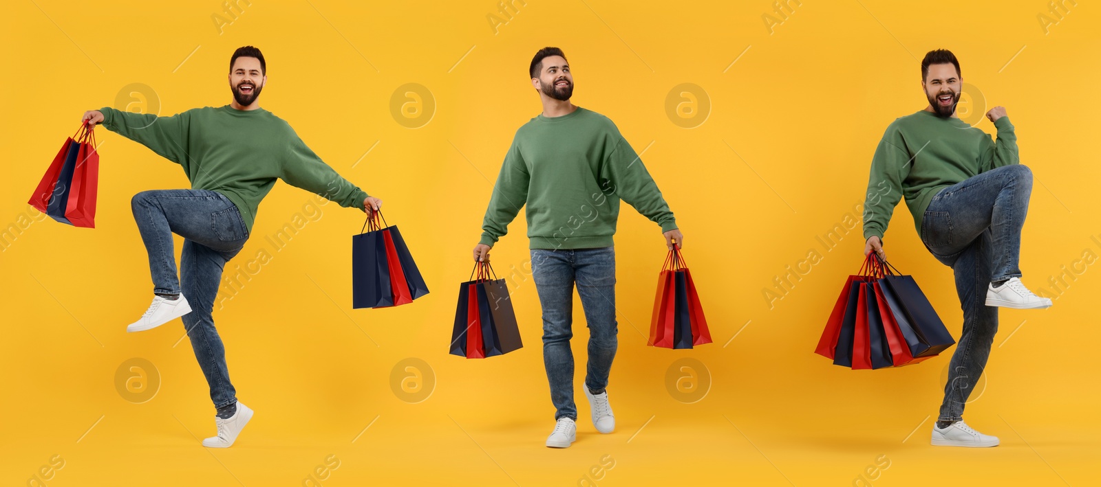Image of Happy man with shopping bags on orange background, set with photos