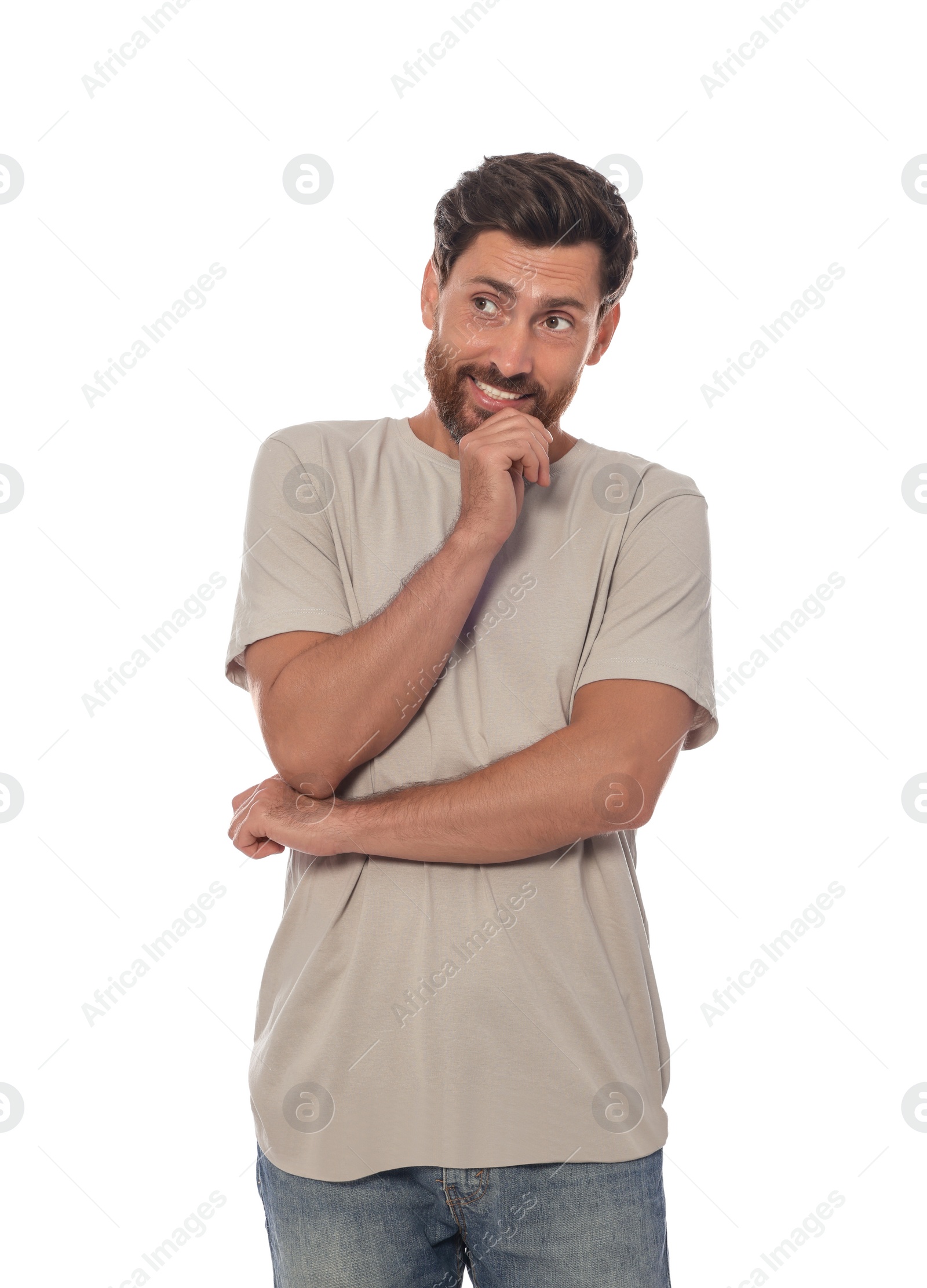 Photo of Embarrassed man in shirt on white background