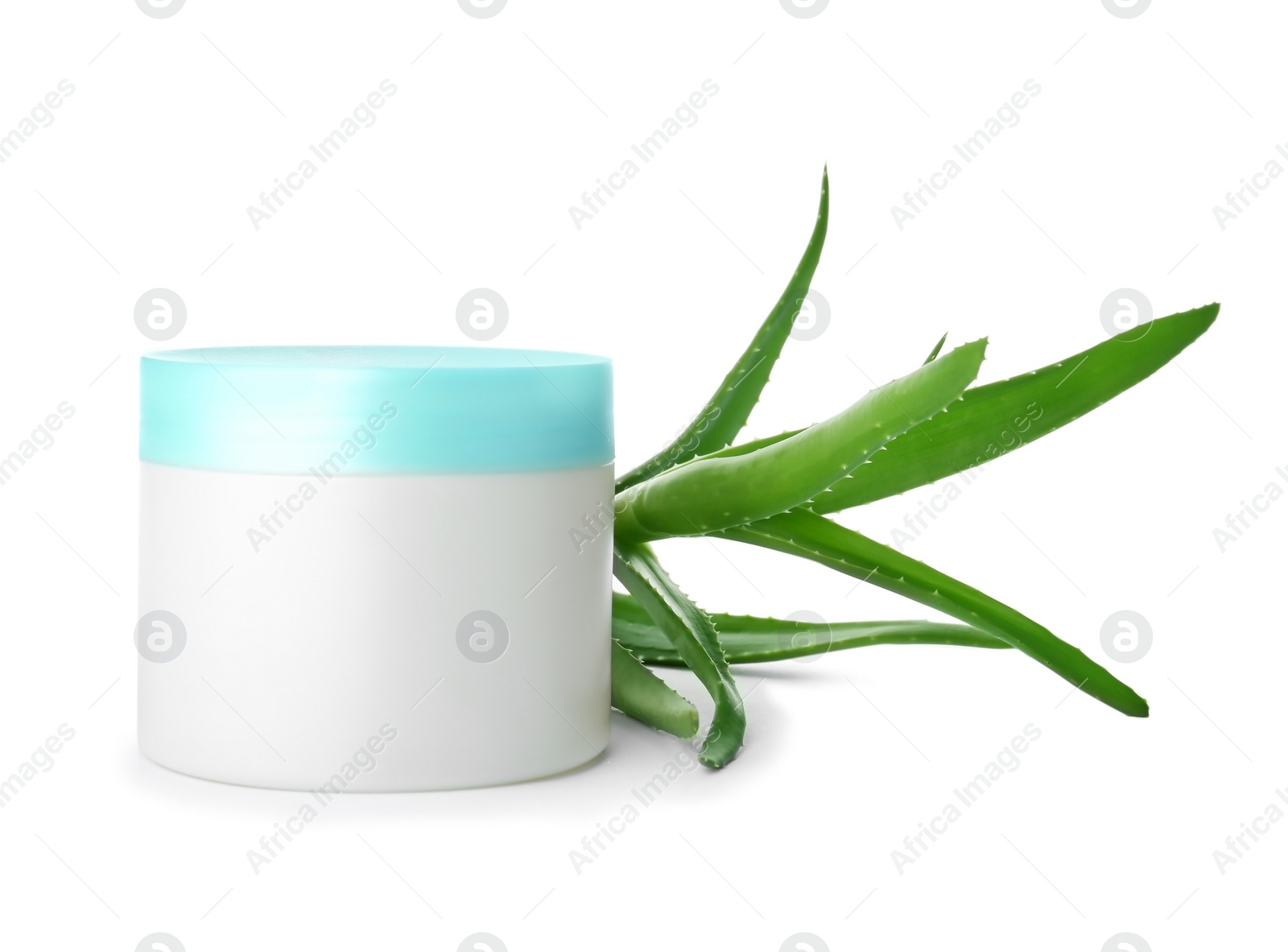 Photo of Jar with aloe vera balm and fresh leaves on white background