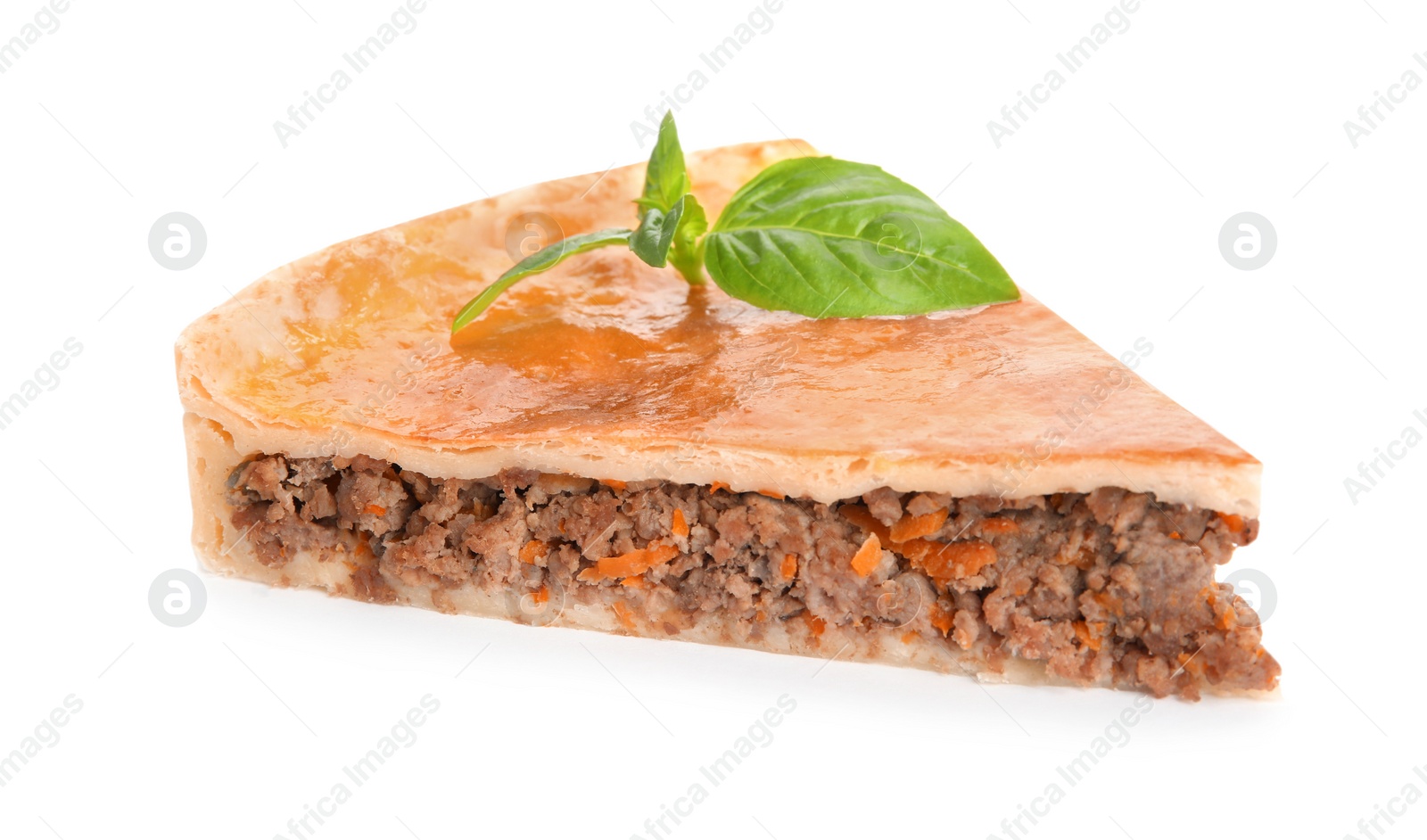 Photo of Piece of delicious pie with minced meat isolated on white