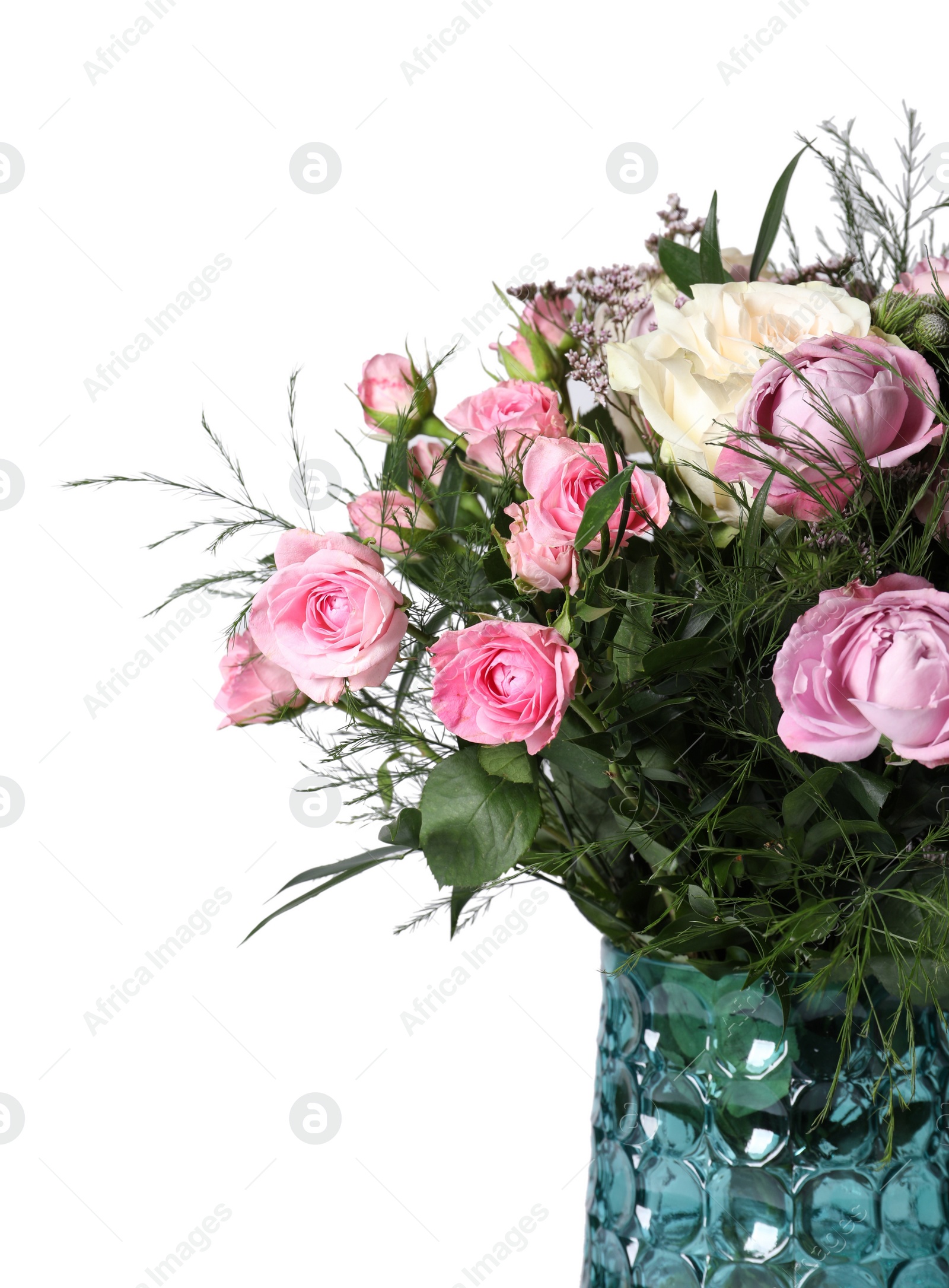 Photo of Beautiful bouquet with roses on white background, closeup