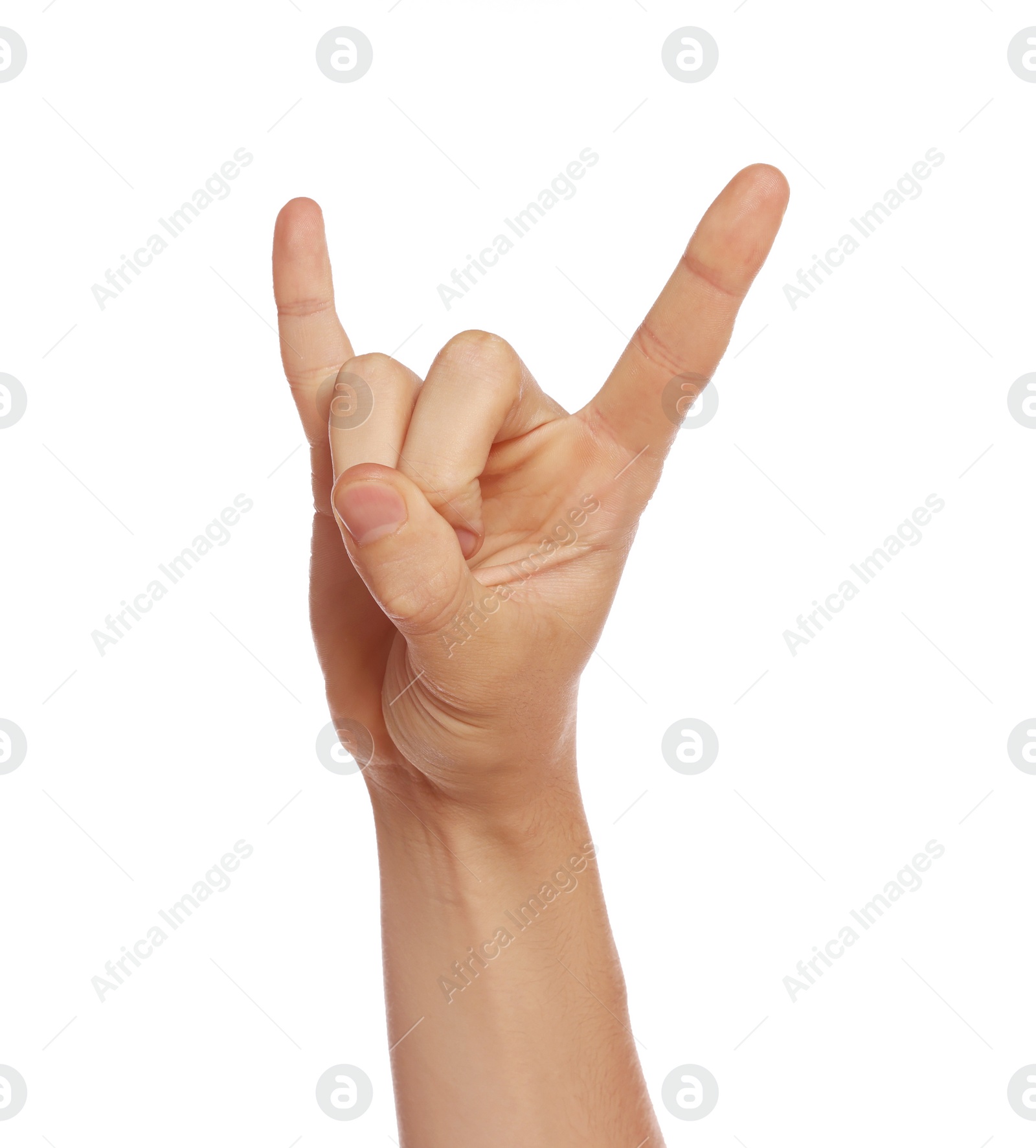 Photo of Man showing rock gesture on white background, closeup