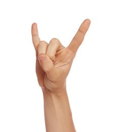 Photo of Man showing rock gesture on white background, closeup