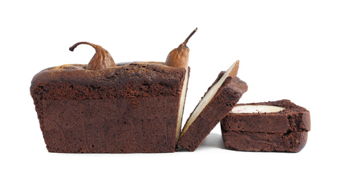 Photo of Tasty pear bread isolated on white. Homemade cake