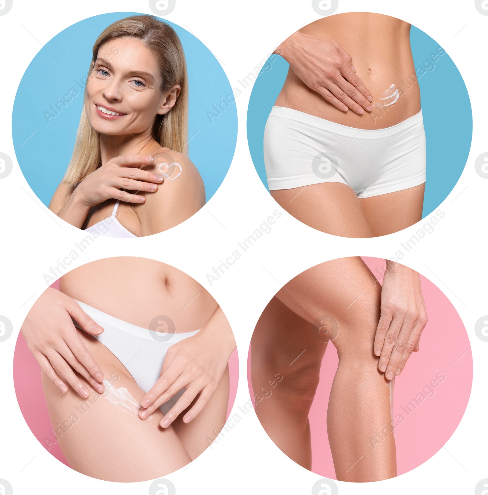 Image of Collage with photos of women applying body cream on white background