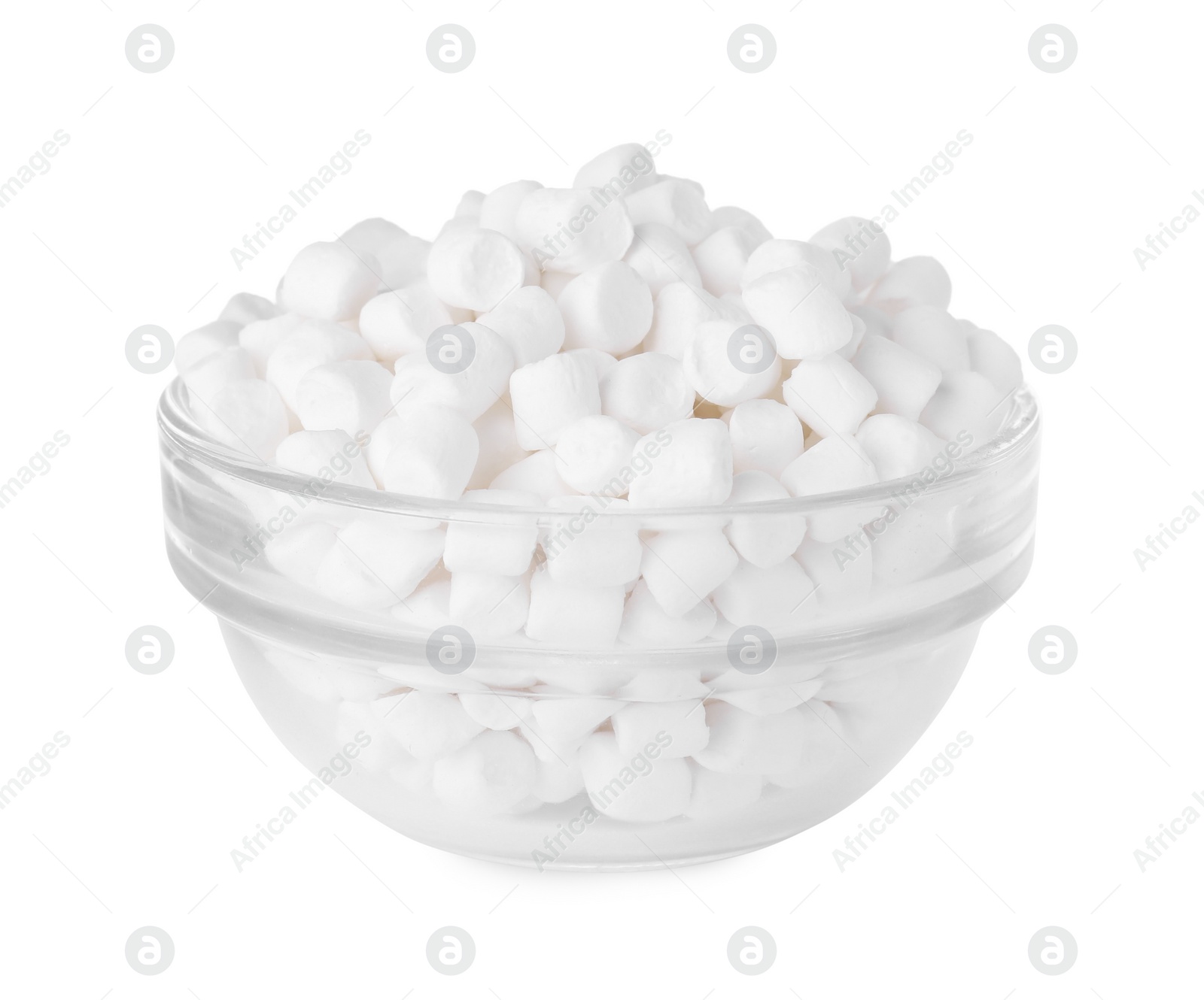 Photo of Bowl of delicious puffy marshmallows isolated on white