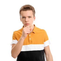 Teenage boy suffering from cough isolated on white