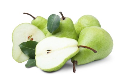 Photo of Whole and cut fresh ripe pears on white background