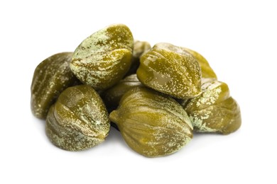 Pile of delicious pickled capers on white background