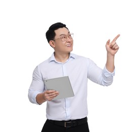 Photo of Businessman in formal clothes with tablet on white background