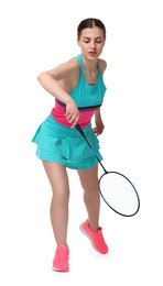 Photo of Young woman playing badminton with racket on white background