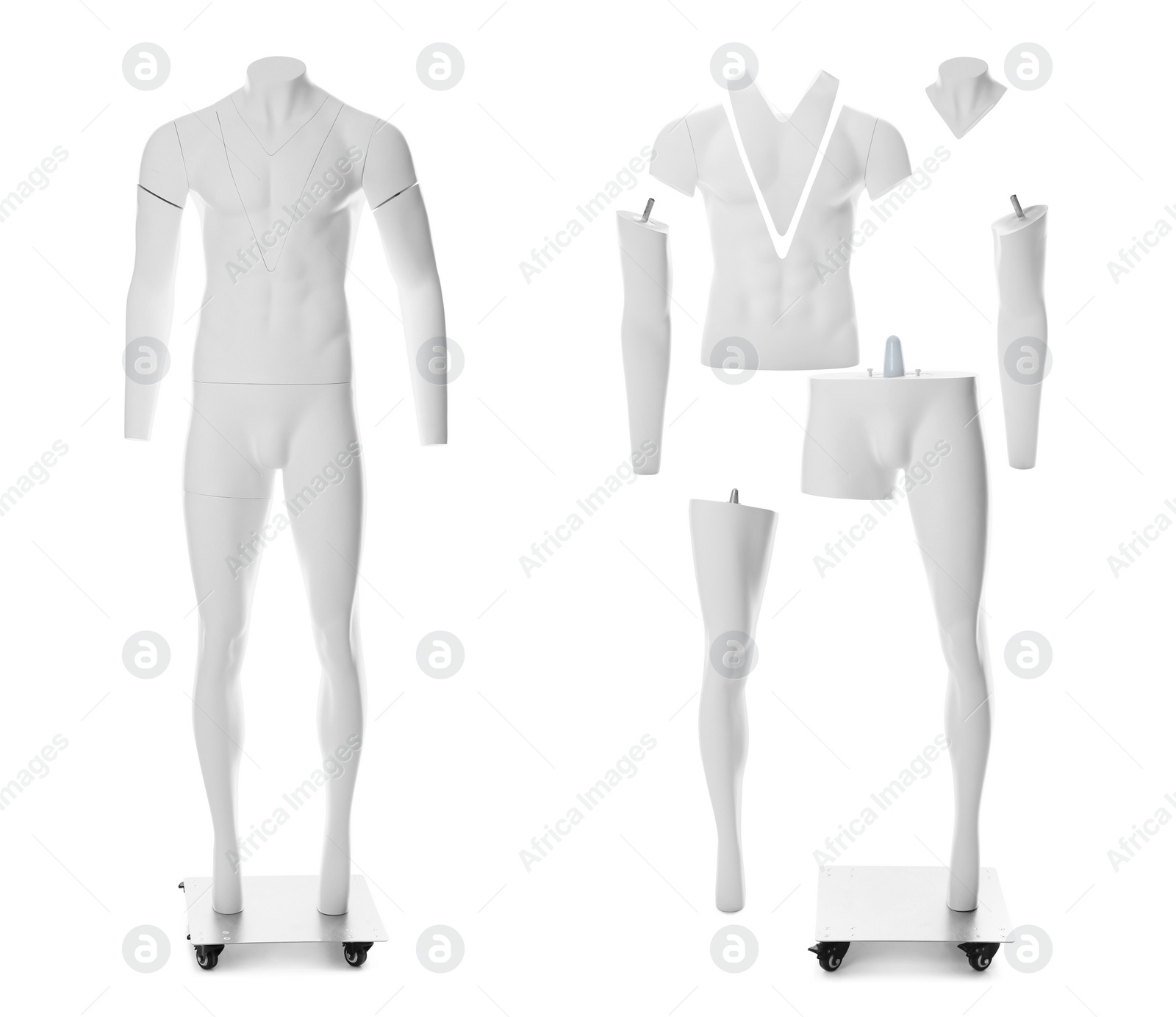 Image of Set of ghost headless mannequins with removable pieces on white background