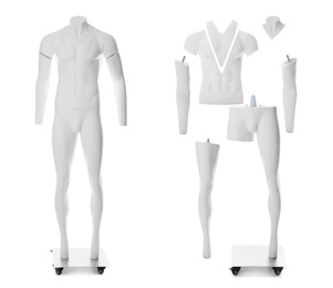 Image of Set of ghost headless mannequins with removable pieces on white background