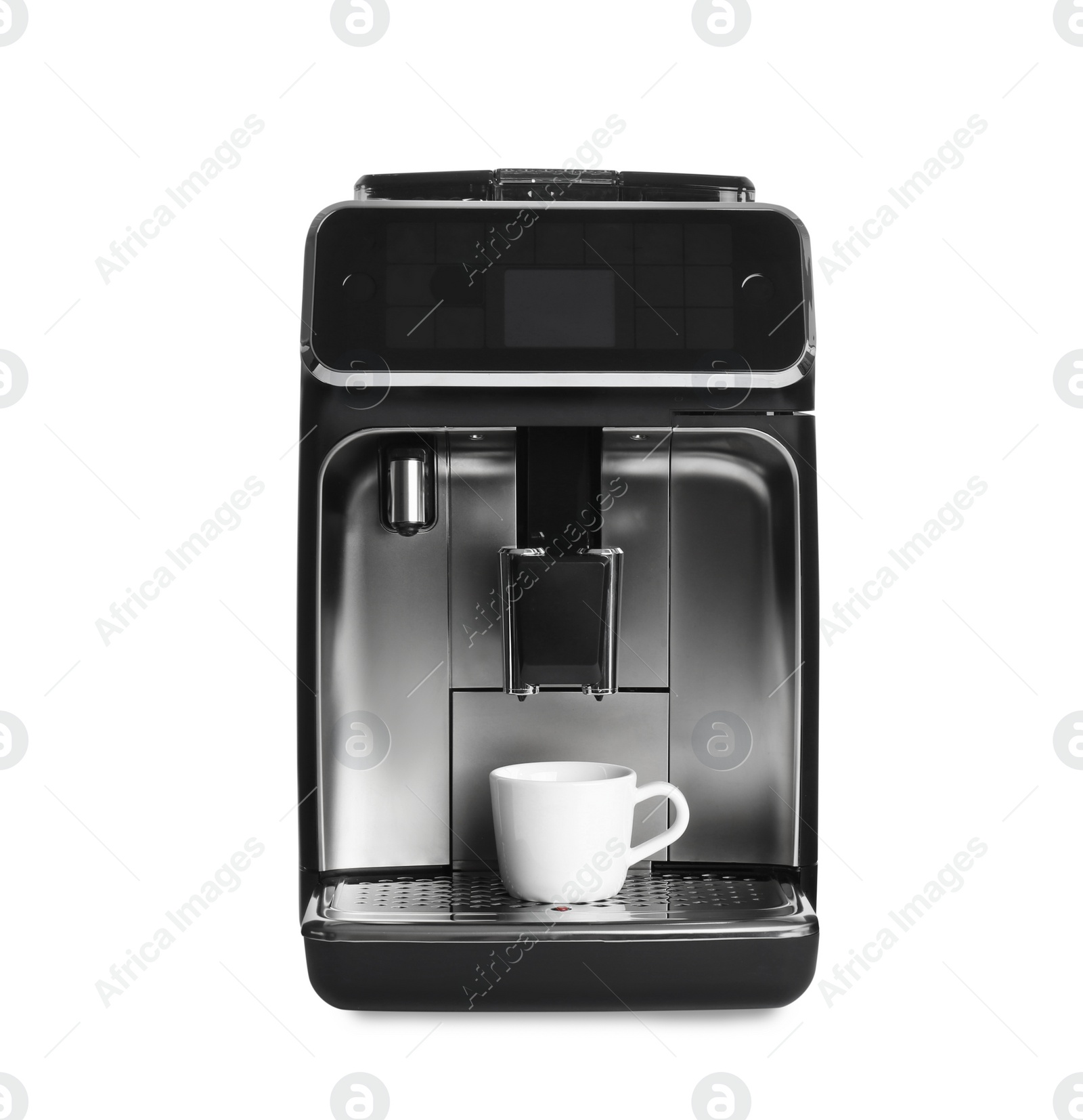 Photo of Modern electric coffee machine with cup isolated on white