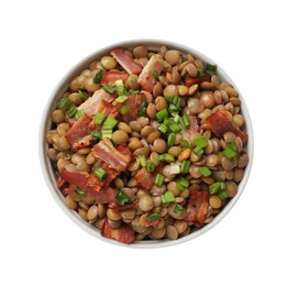 Photo of Delicious lentils with bacon and green onion in bowl isolated on white, top view