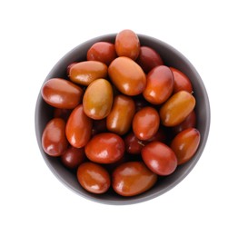 Photo of Ripe red dates in bowl on white background, top view