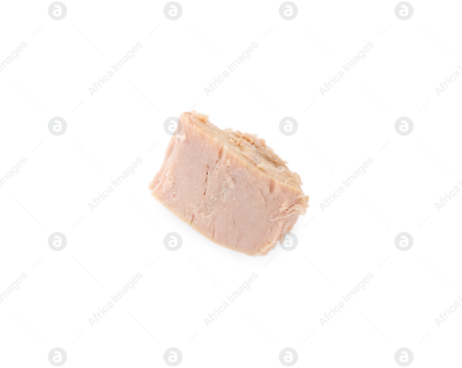 Photo of Delicious canned tuna chunk isolated on white, top view