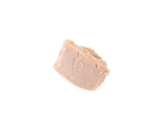 Delicious canned tuna chunk isolated on white, top view