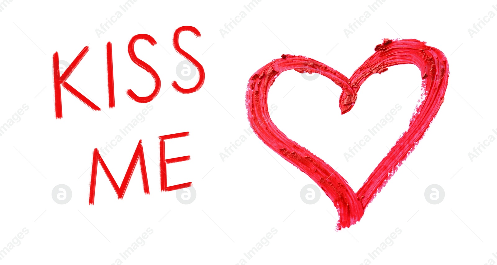 Image of Heart drawn with red lipstick and phrase Kiss Me on white background