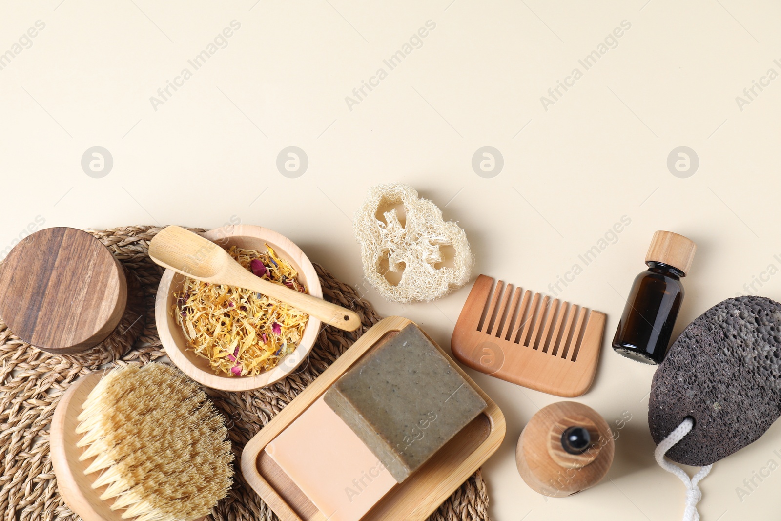 Photo of Bath accessories. Flat lay composition with personal care products on beige background, space for text