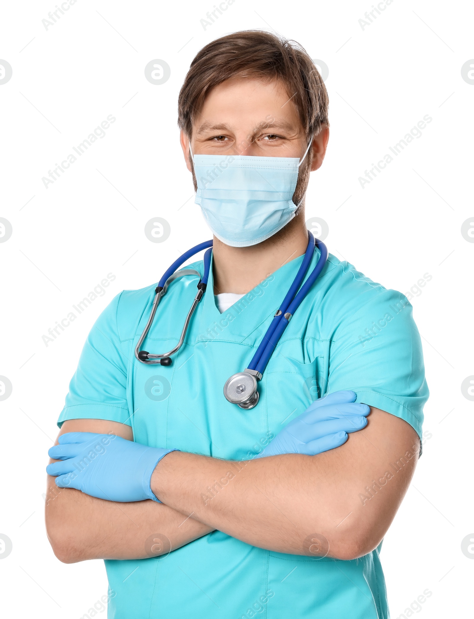 Photo of Doctor or medical assistant (male nurse) with protective mask and stethoscope on white background