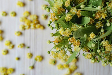 Beautiful linden blossoms and green leaves on white table, top view. Space for text