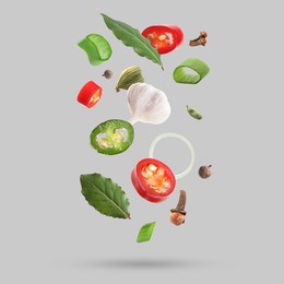 Image of Different spices falling on light grey background