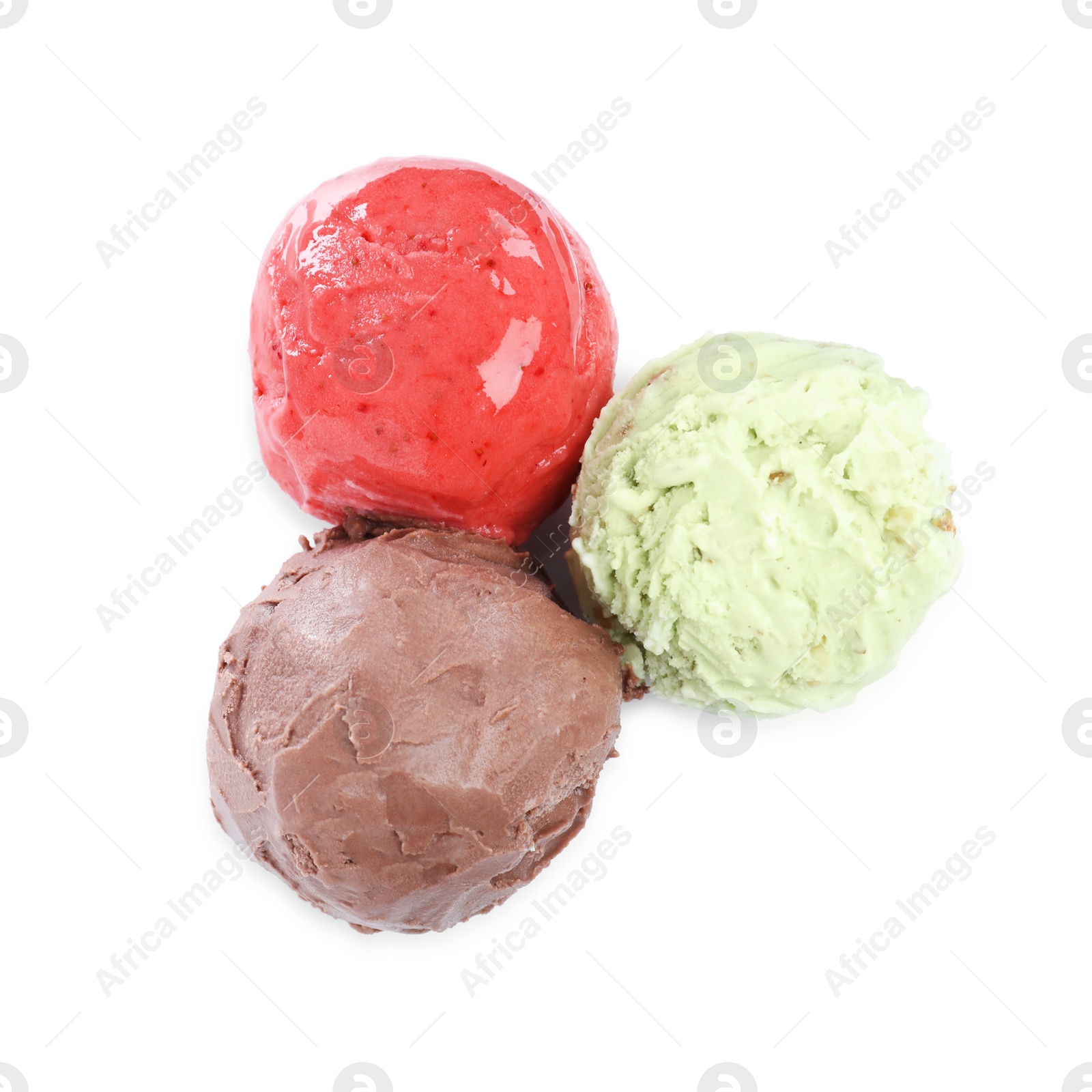 Photo of Set with scoops of different ice creams on white background, top view