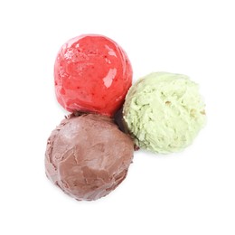 Set with scoops of different ice creams on white background, top view
