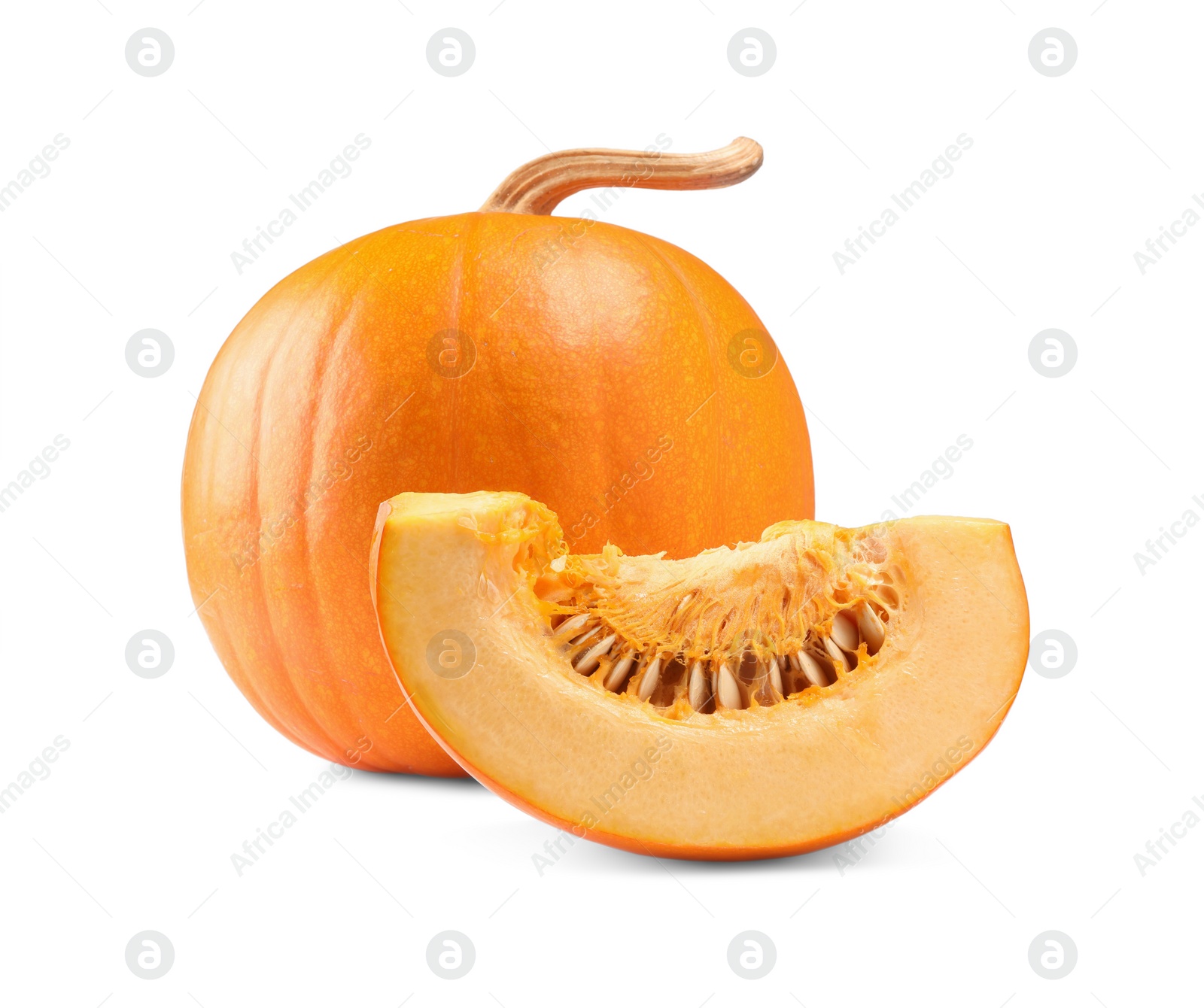 Photo of Whole and cut fresh ripe pumpkins isolated on white