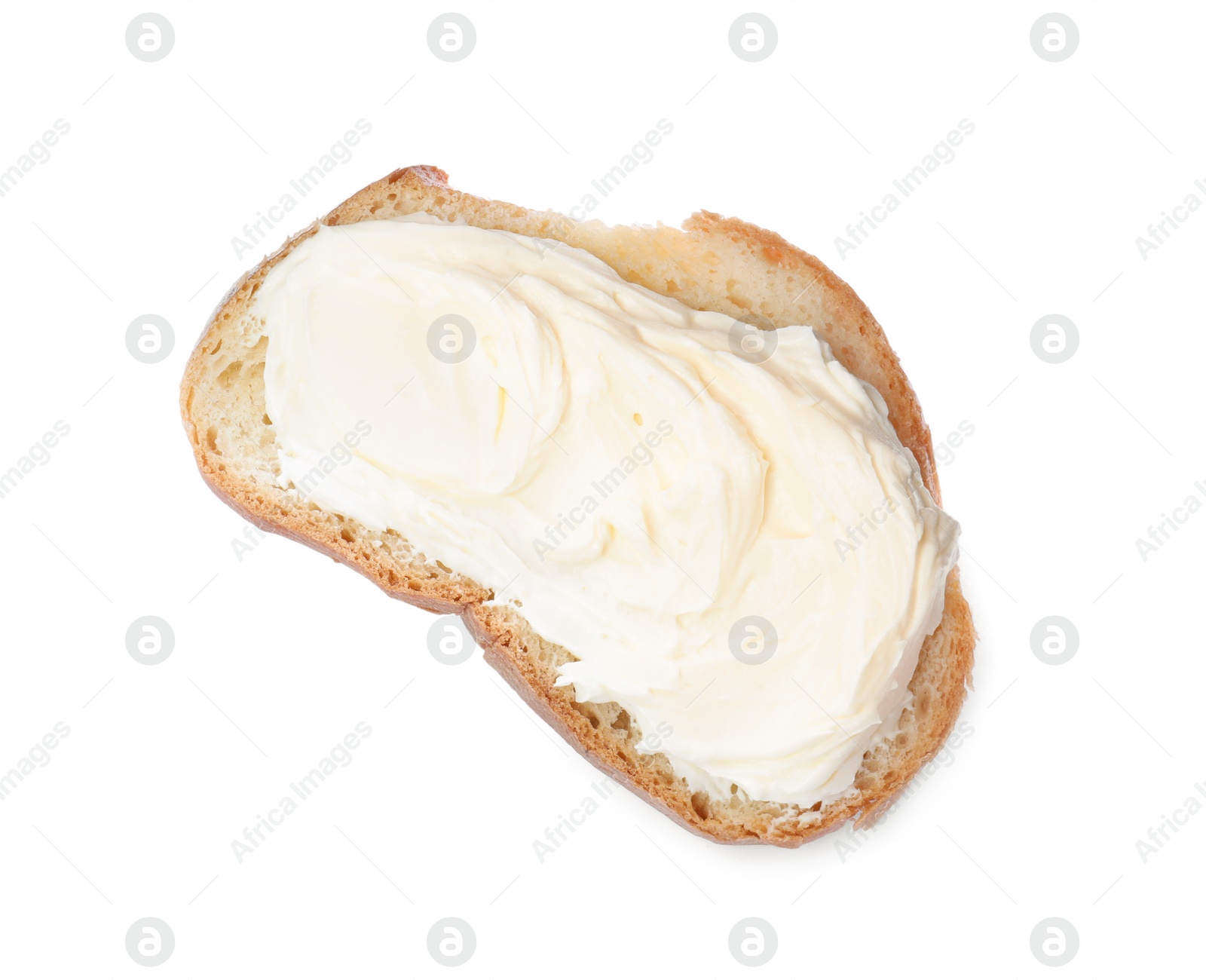 Photo of Slice of bread with tasty cream cheese isolated on white, top view