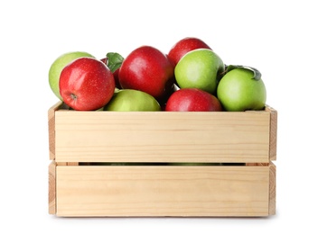 Juicy apples in wooden crate on white background