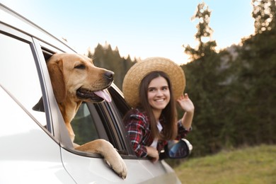 Photo of Adorable dog and happy woman looking out of car window in mountains. Traveling with pet