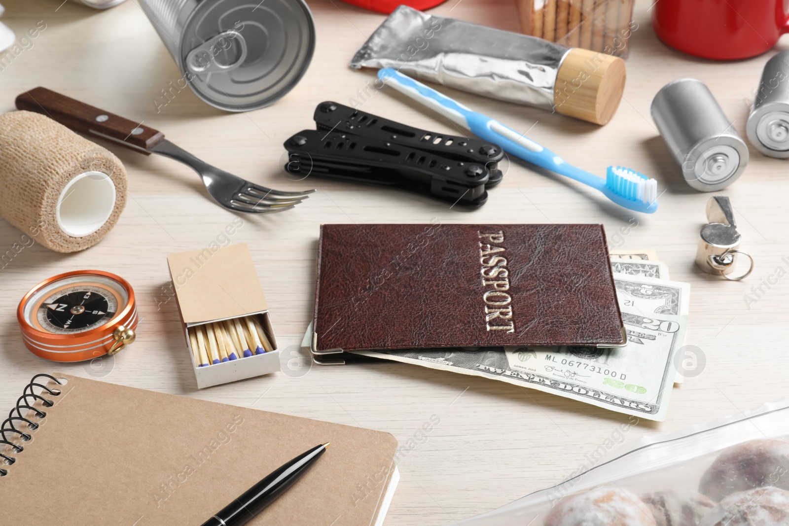 Photo of Disaster supply kit for earthquake on wooden table