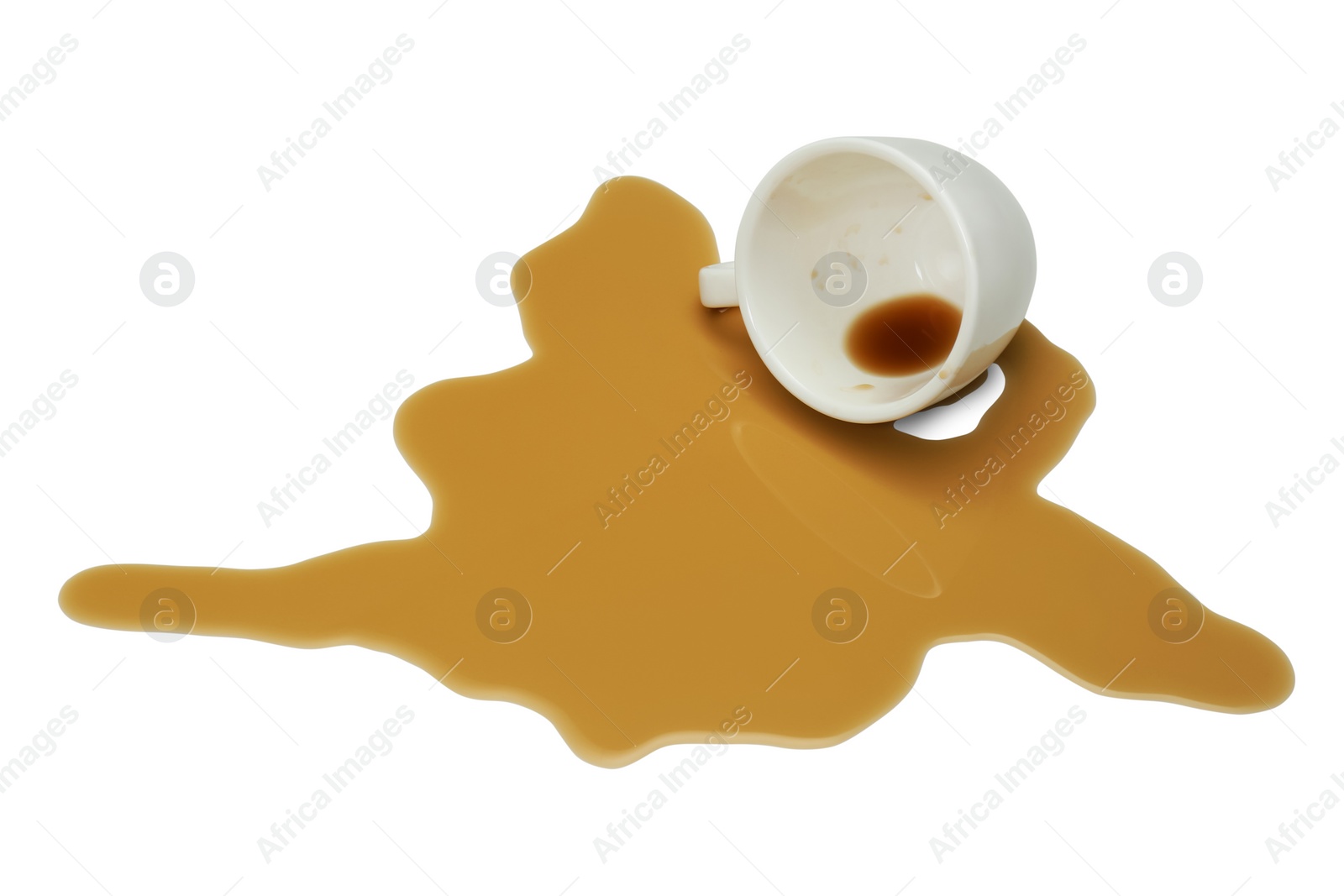 Photo of Overturned cup and spilled coffee on white background