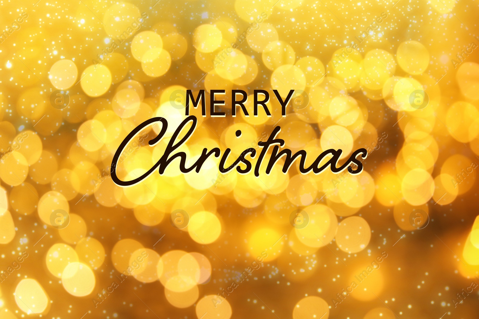 Illustration of Text Merry Christmas on blurred background with golden lights. Bokeh effect