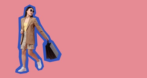 Woman with shopping bags on pink background, space for text. Banner design