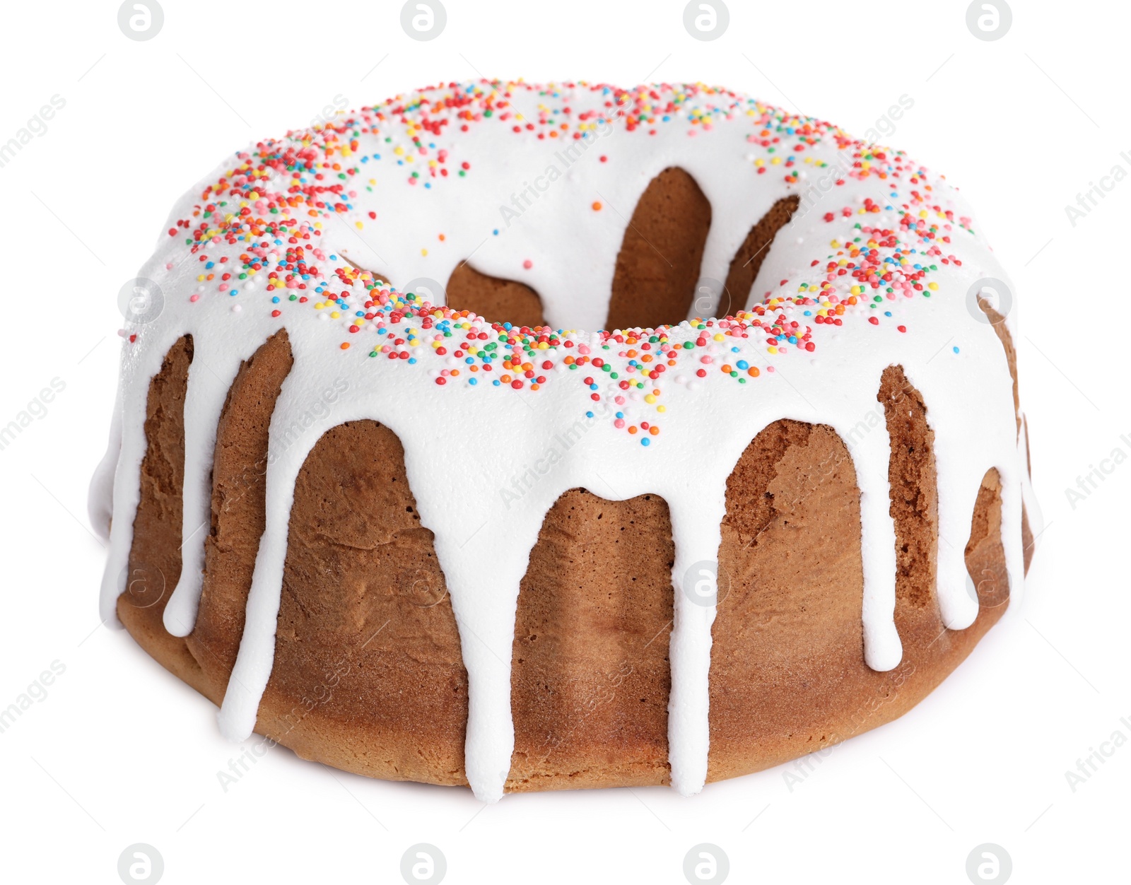 Photo of Glazed Easter cake with sprinkles isolated on white