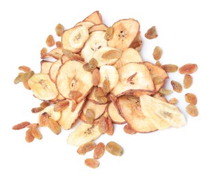 Tasty dried apples and raisins on white background, top view