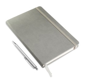 Photo of Closed grey notebook with pen isolated on white
